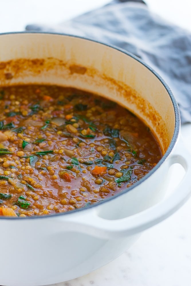 cooked pot of vegan lentil soup