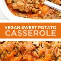 pinterest collage with text of vegan sweet potato casserole