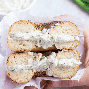 vegan cream cheese in a bagel