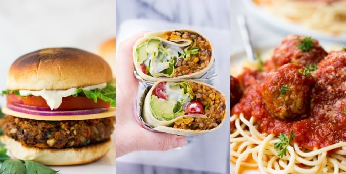 collage of burgers, burritos and spaghetti for going vegan