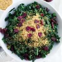 looking down on festive kale salad in white bowl