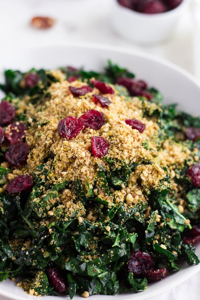 close up photo of festive kale salad