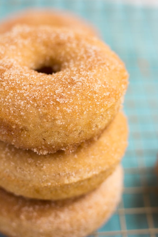 close up of vegan donuts with blue towel in background