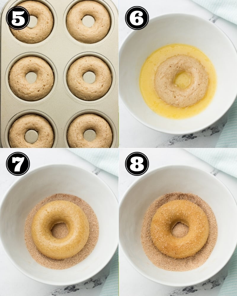 collage 2 of how to make donuts, dip in butter and sugar-cinnamon mixture