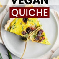 Pinterest image with text overlay of a piece of quiche on a plate