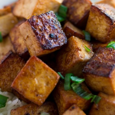 marinated tofu in a bowl close up