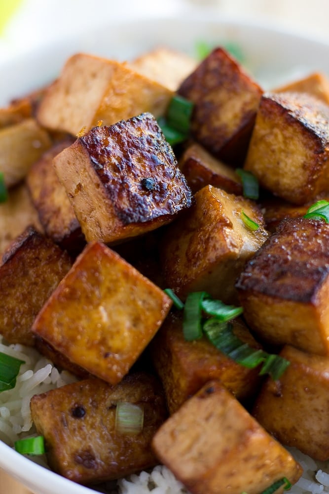 marinated tofu in a bowl close up