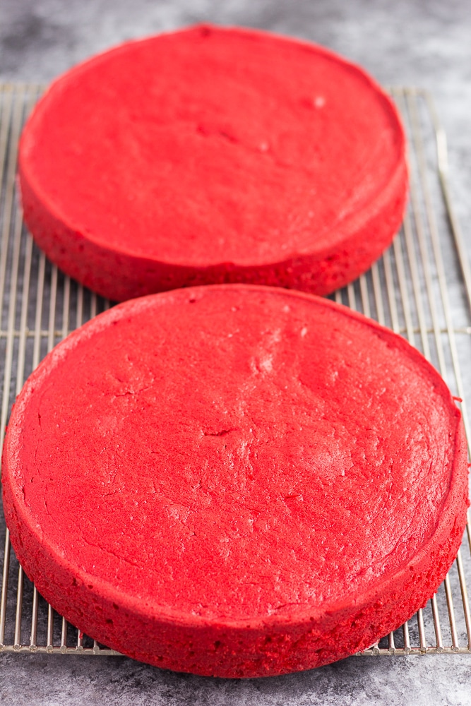 vegan red velvet cakes on cooling rack
