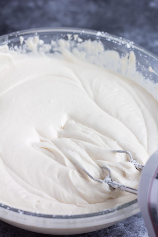 vegan cream cheese frosting in a bowl before chilling.