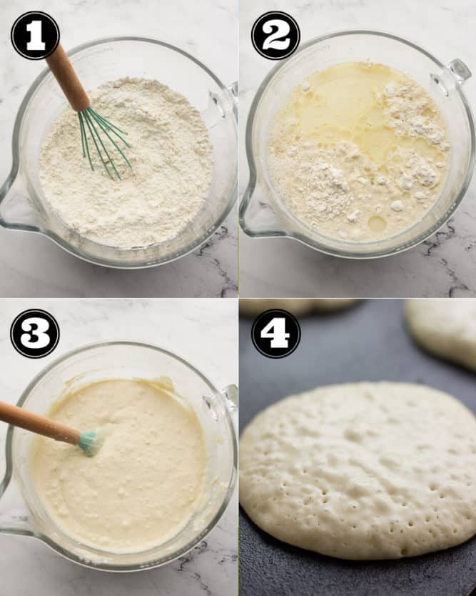 collage of how to make vegan pancakes, numbered