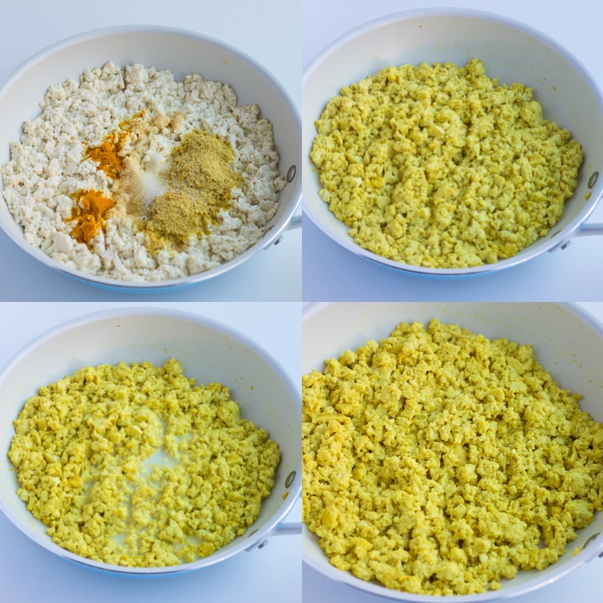 collage showing tofu scramble in pan, seasonings being added, then milk.