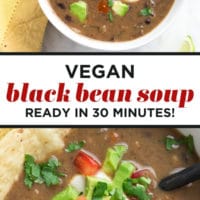 pinterest collage with text of vegan black bean soup