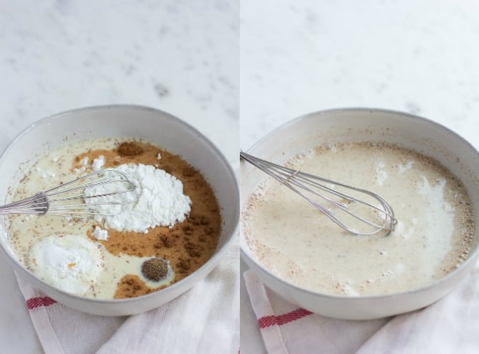 ingredients for vegan french toast being mixed in a small bowl.