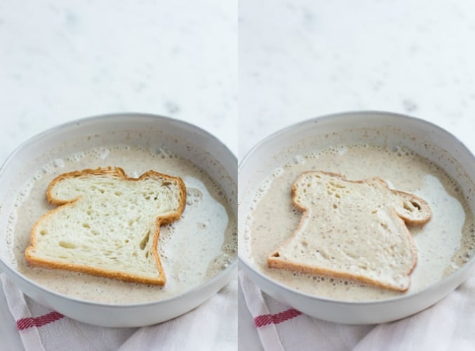 thick bread being soaked in the batter for vegan french toast.