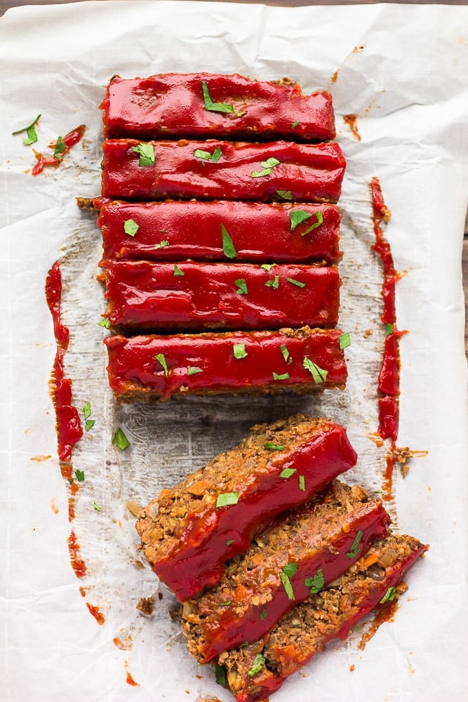 looking down on lentil loaf, sliced.