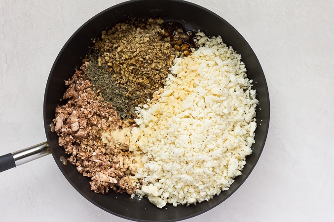 ingredients for vegan "meat" in a pan for vegan shepherd's pie