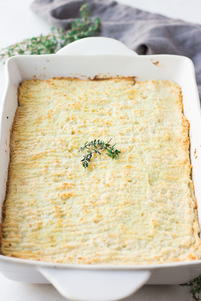 cooked vegan shepherd's pie, not cut into yet.