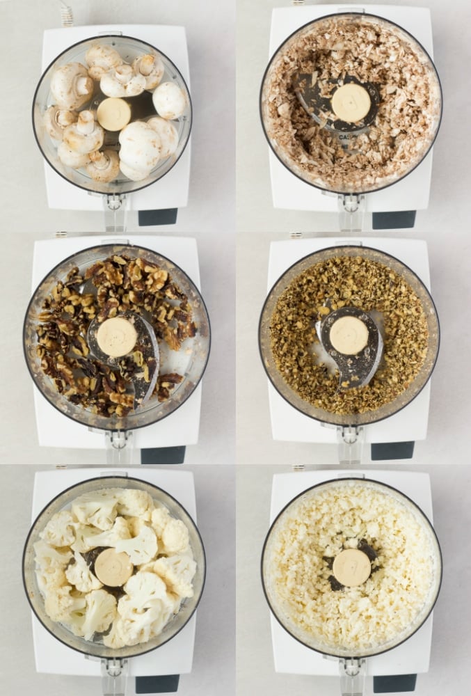 collage of cauliflower, mushrooms and walnuts being ground up in food processor.