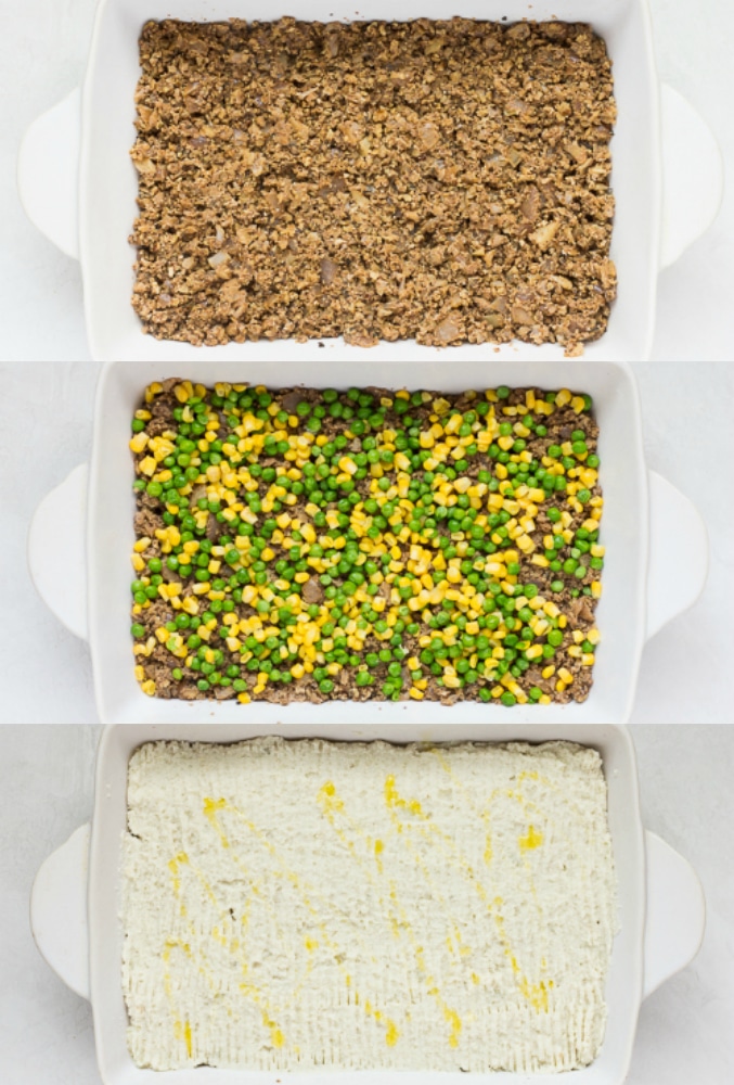 collage showing vegan shepherd's pie being layered with "meat", veggies then potatoes.