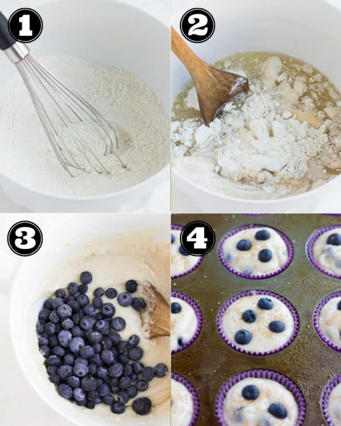 collage of how to make vegan blueberry muffins