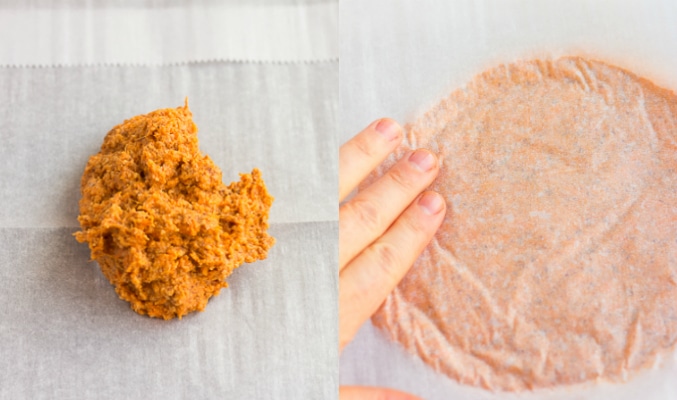Forming sweet potato pizza crust with hands.