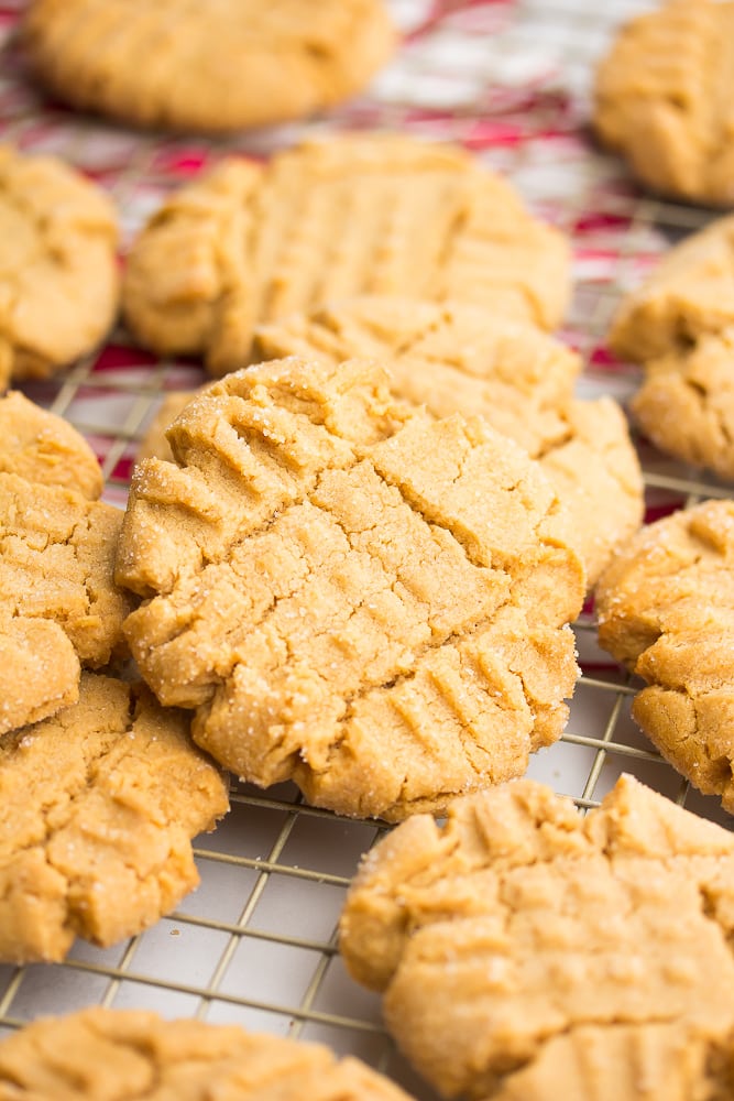 close up of vegan peanut butter cookies on a cookie sheet