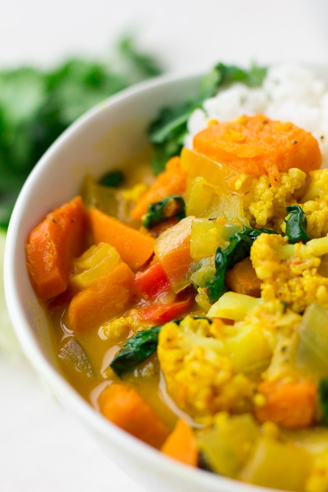 close up of vegan curry in bowl with white rice.