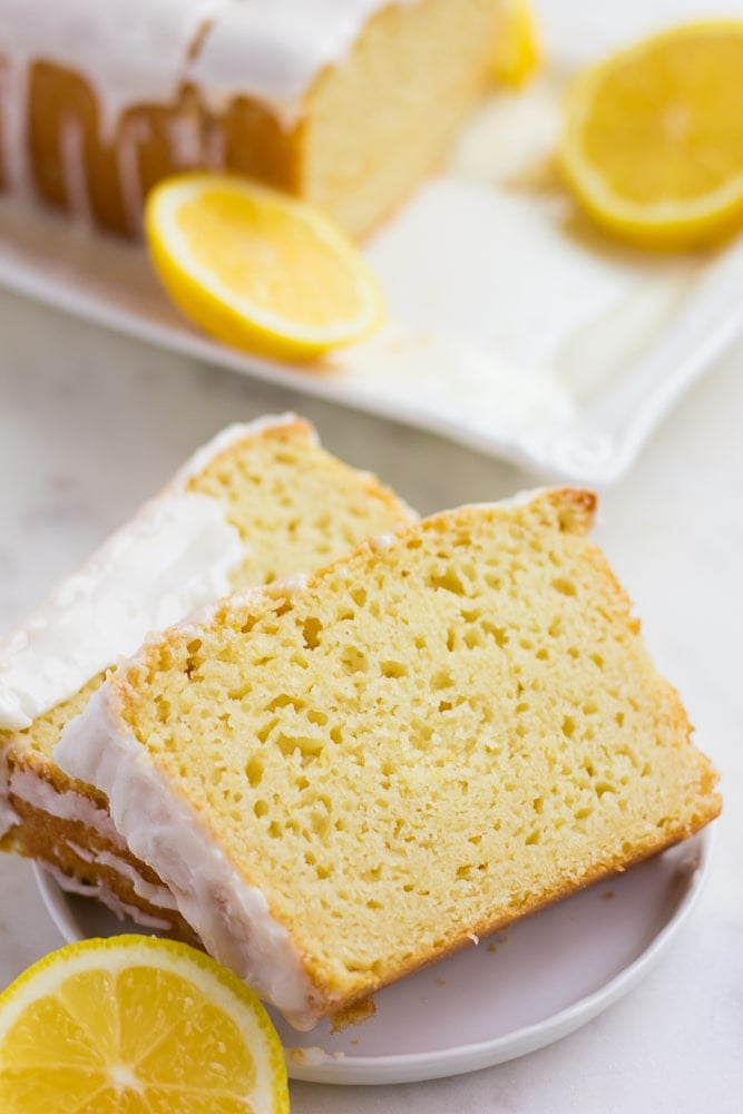 couple of slices of lemon loaf on a plate