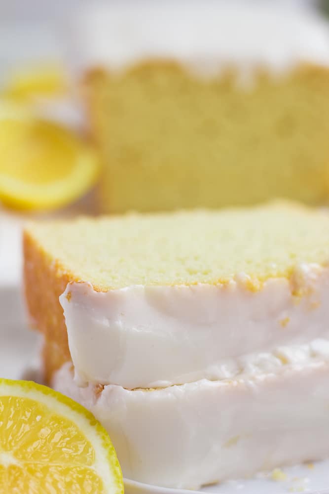 close up of sliced lemon loaf