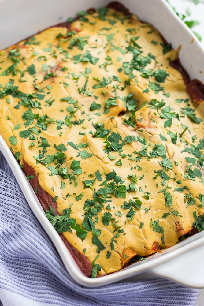 whole pan of vegan enchiladas with cilantro on top