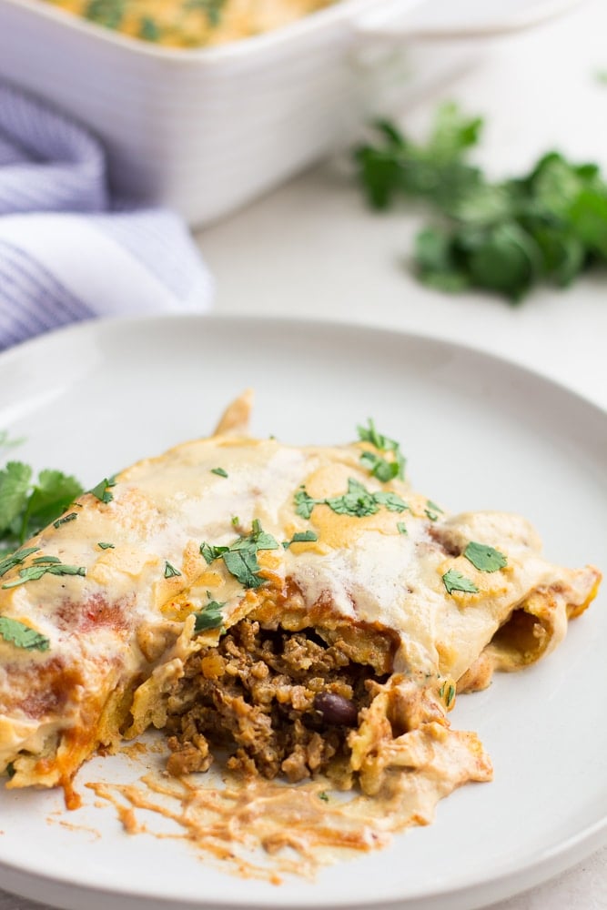 vegan enchiladas, showing plant meat inside