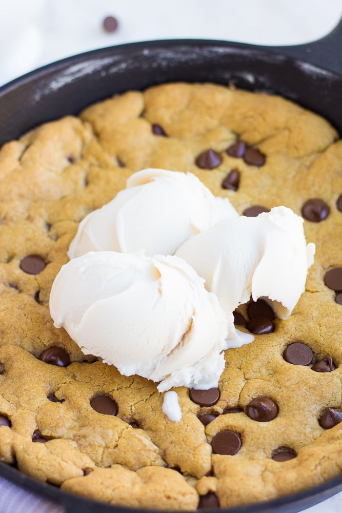 skillet cookie with ice cream on top