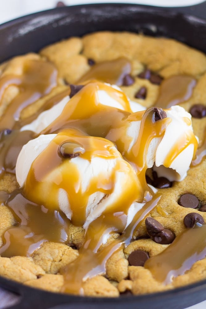 skillet cookie with ice cream and caramel