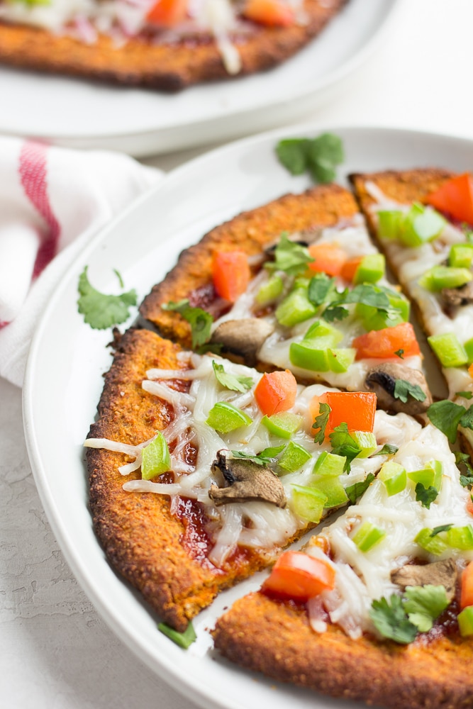 sweet potato pizza crust, on a plate cooked.