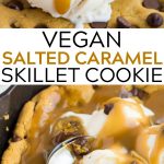 pinterest collage of vegan skillet cookie with text.