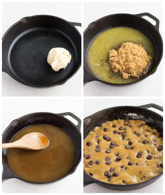 collage of making vegan skillet cookie