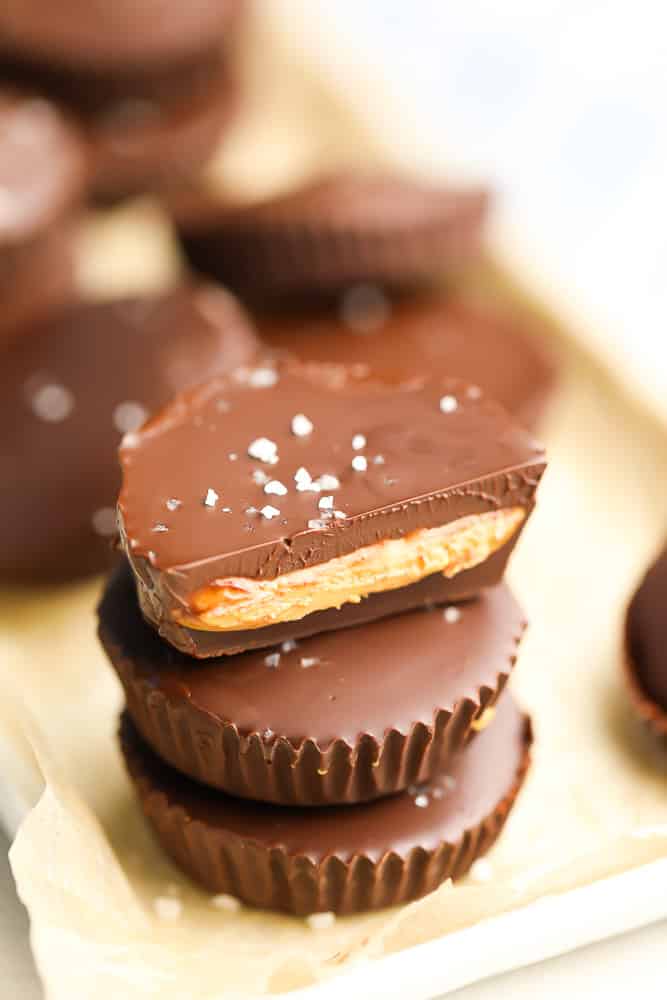 stack of candy showing inside peanut butter filling