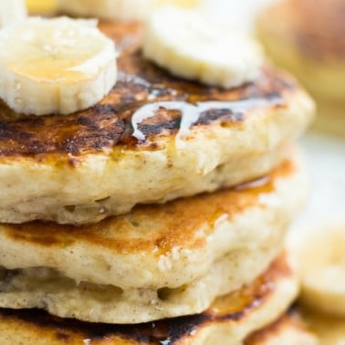 square image of close up of pancakes