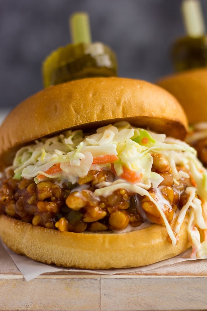 close up of bbq tempeh sandwich