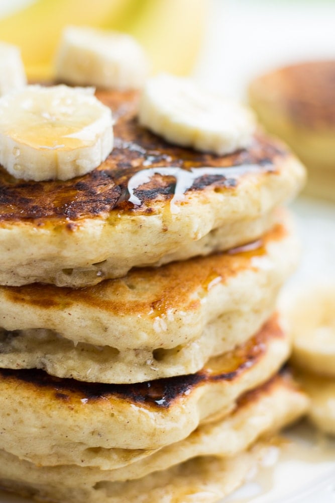 from the side photo of vegan banana pancakes.