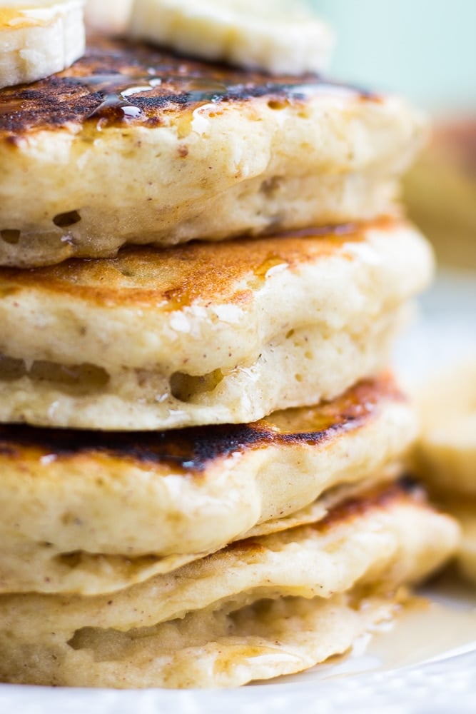 super close up showing layers of fluffy pancakes.