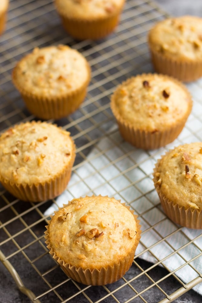 vegan banana muffins on a cooling rack.