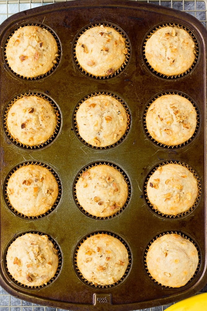 vegan banana muffins in a 12 cup pan.