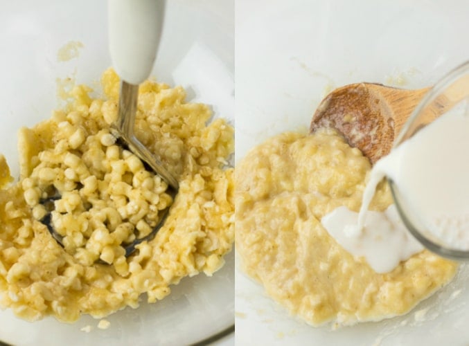 collage of mashing bananas and adding milk.