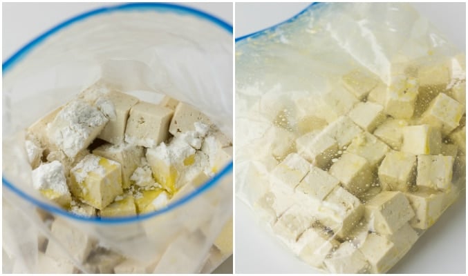 collage showing how to shake tofu in large bag with ingredients to make it bake crispy.