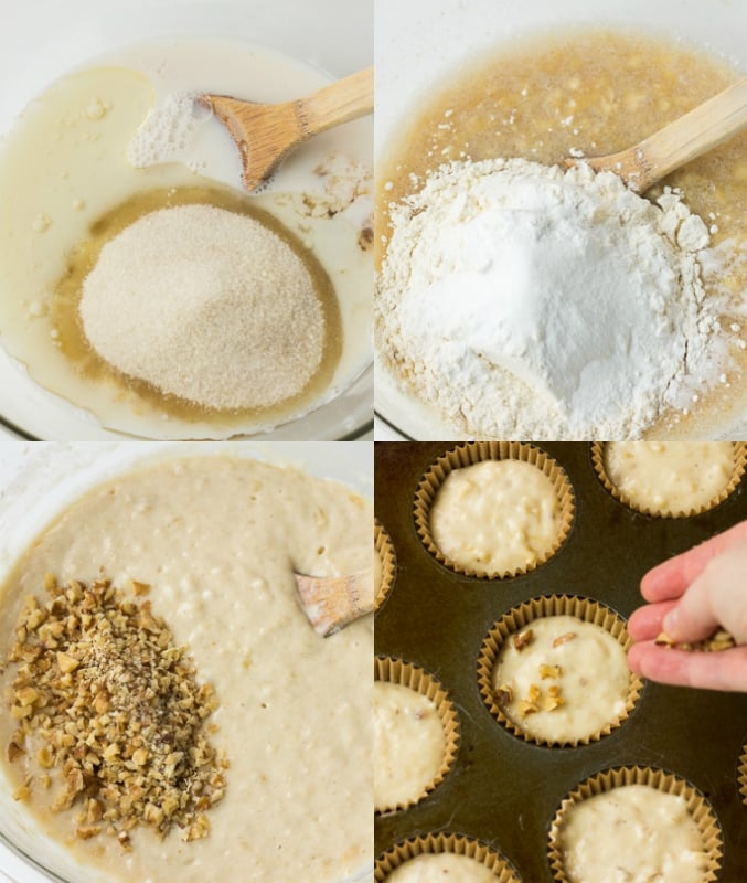 collage of how to make vegan banana muffins.