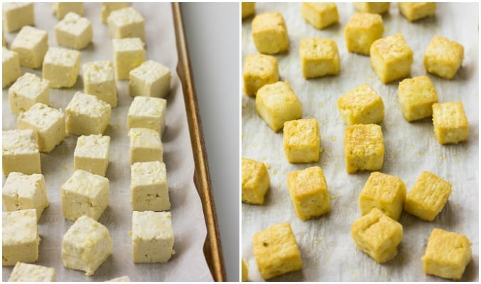 collage showing how to bake crispy tofu.