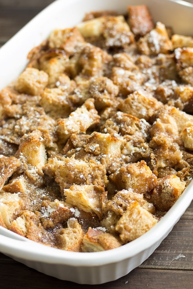 casserole dish full of vegan french toast casserole