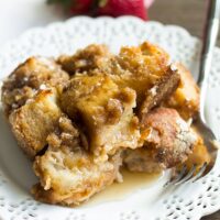 plate with vegan french toast casserole and fork