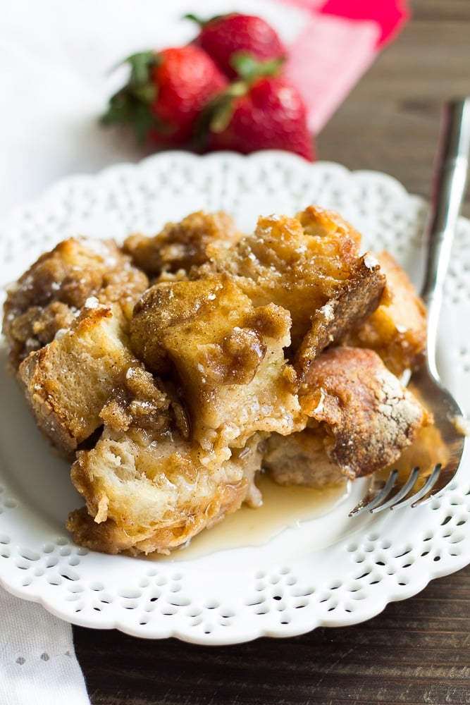 plate with vegan french toast casserole and fork